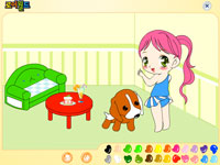 Игра Девочка и щенок раскраска для детей 3-4 лет